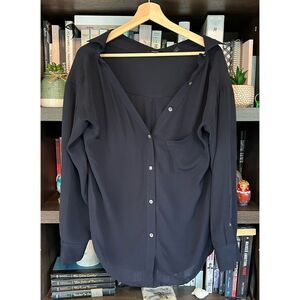 Theory Tamalee Classic Off-the-Shoulder Shirt Navy Blue 100% Silk Size Small
